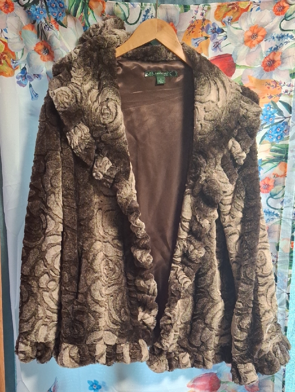 Damselle  Brown Faux Fur Rose-Pattern Jacket Size Small